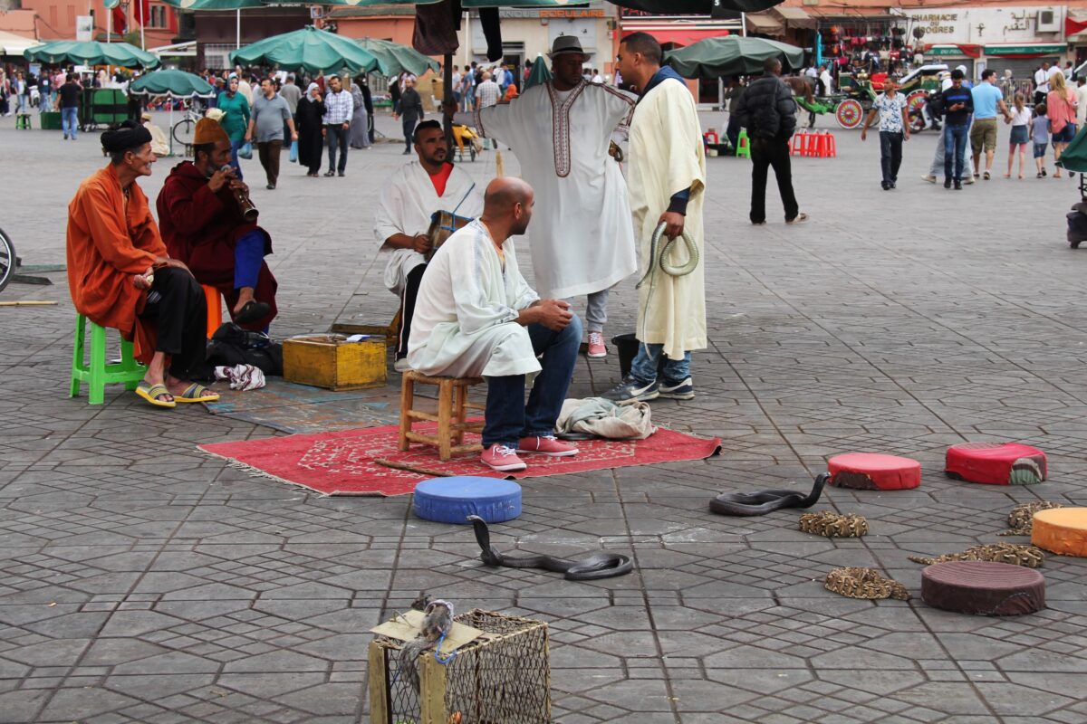 Schlangen auf Markt in Marrakesch während Airzone Gleitschirmreise